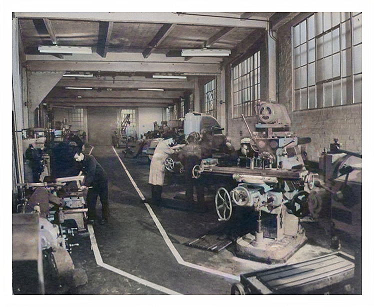 A view looking down the apprentice shop at the Penarth Dock Engineering Company Limited. 