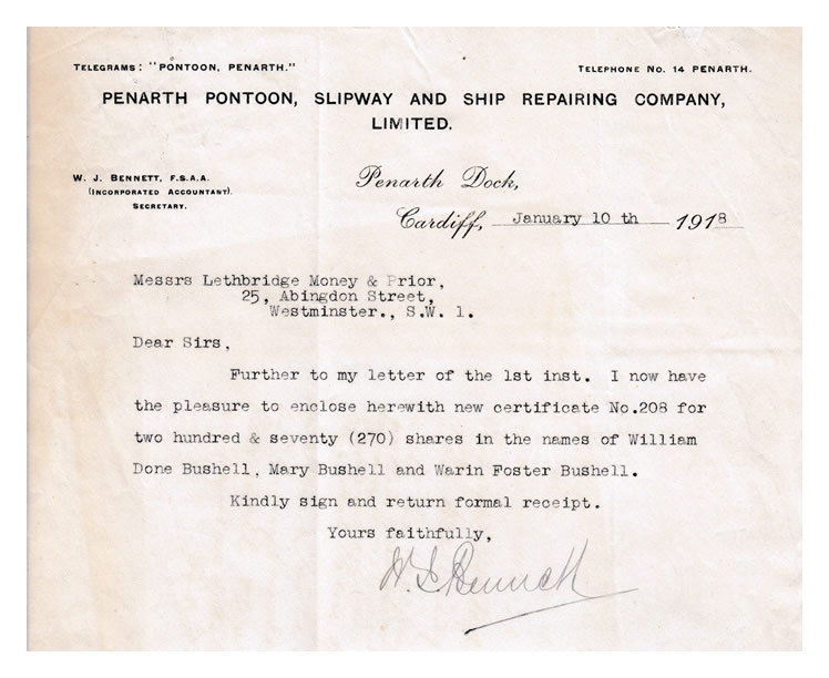 A letter from the Penarth Pontoon, Slipway and Ship Repairing Company, Limited, Penarth Dock, Cardiff, dating from January 1918.