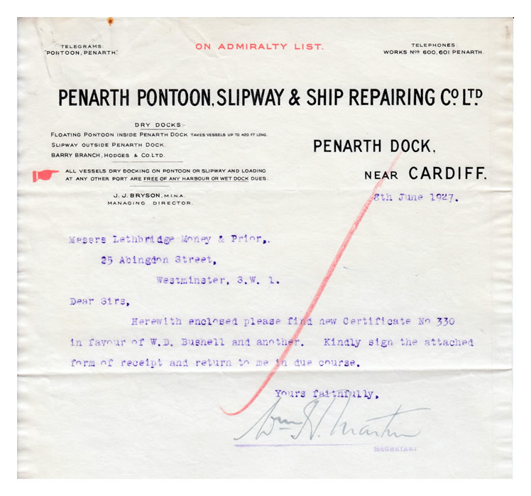 A later office copy letter from the Penarth Pontoon, Slipway & Ship Repairing Co. Ltd. dated June 1927.