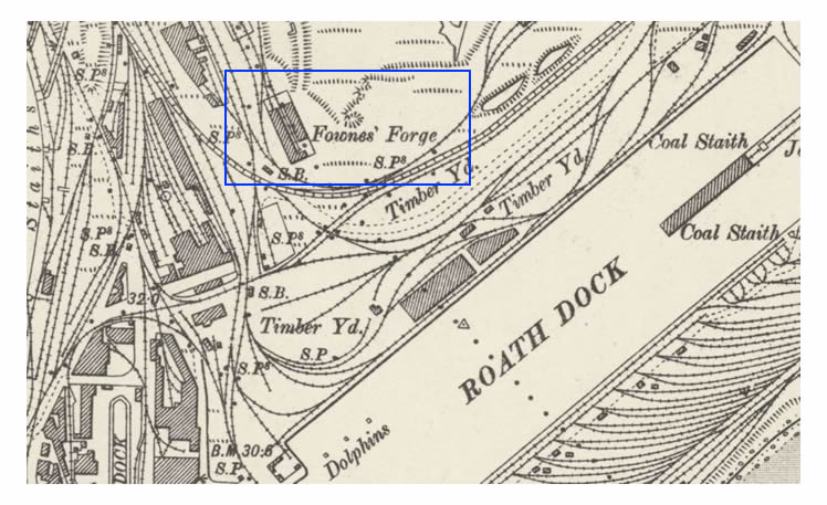 OS Map of Cardiff Docks showing location of Fownes' Forge - Revised: 1898 to 1899, Published: 1901.
