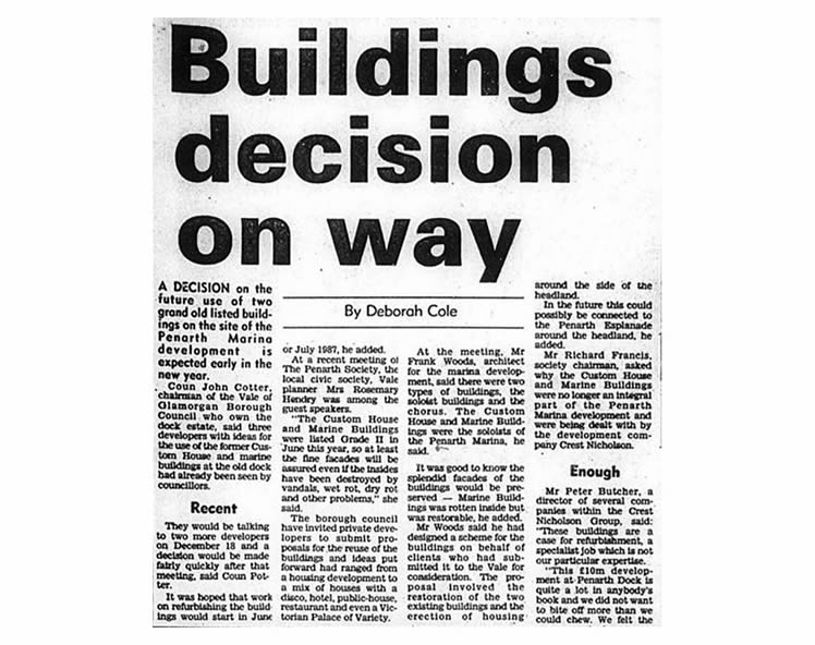1986 - A newspaper report regarding the future of the Marine Buildings (left) and the former Custom House, Penarth.