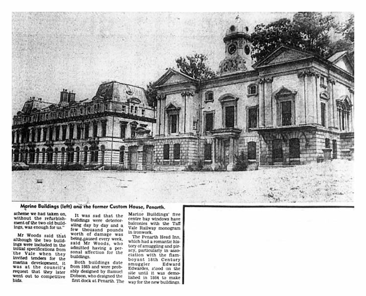 1986 - A newspaper report regarding the future of the Marine Buildings (left) and the former Custom House, Penarth.