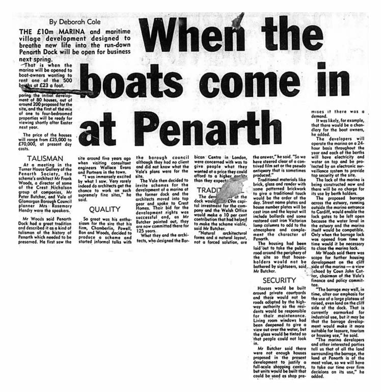1986 - A newspaper article 'When the boats come in at Penarth' and a model of the Penarth Marina.