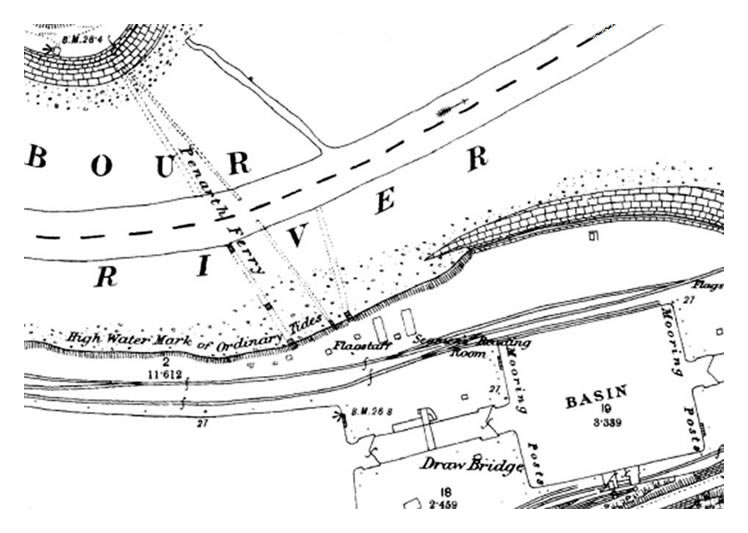 map of 1880 showing the route of the "Penarth Ferry" across the river Ely