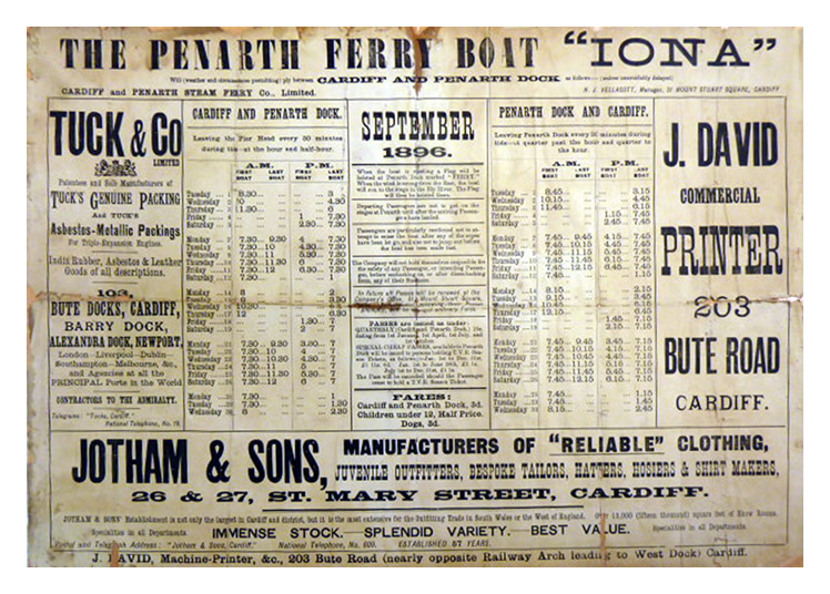 September 1896 - A section of the timetable for the Cardiff and Penarth Steam Ferry Co., Limited. The Penarth Ferry Boat 'Iona'.