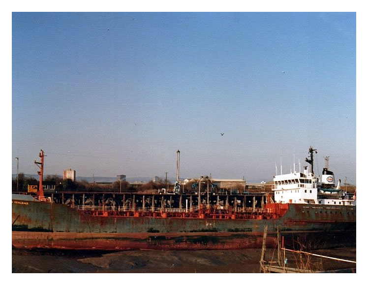 Esso 'Penzance' moored at the Ely Tidal oil wharf during the 1980's.