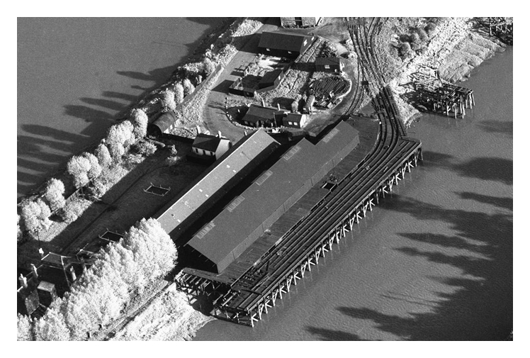 1955 - An aerial view of the meandering River Ely with the Victoria Wharf of the South Wales Warehouses Limited with associated warehouse and rail facilities.