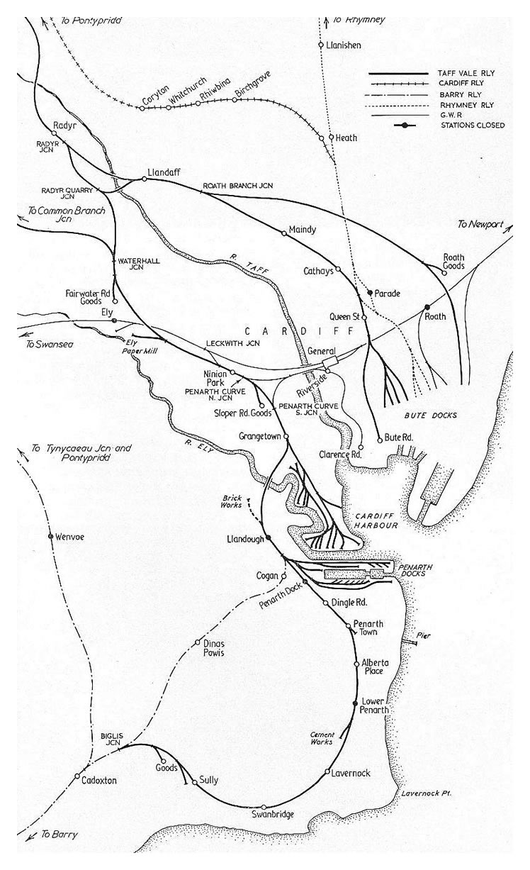 Railway map of Cardiff and Penarth