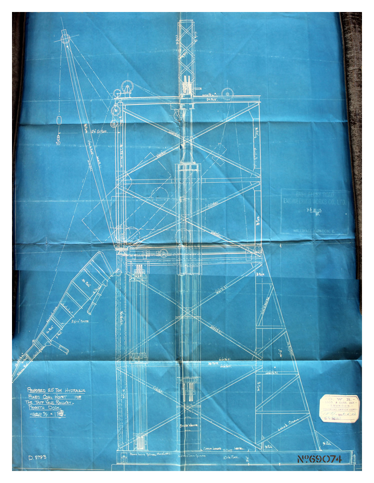 A 1923 GWR Drawing Office Copy of the side elevation of the proposed tips of the East Ferry Road Engineering Company Limited dated 21st February 1912. 