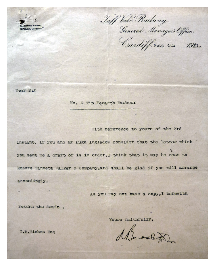 1911 - No. 5 Tip (Tannett Walker & Company) - Letter from Ammon Beasley at the TVR Office to T. Hurry Riches Esq. 