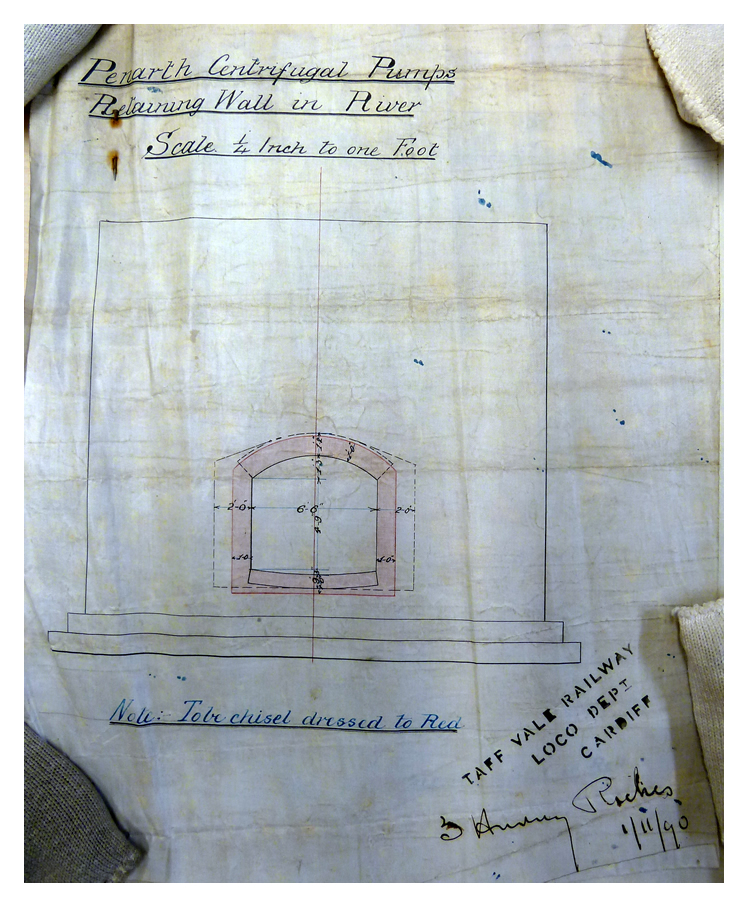 1890 - Penarth Centrifugal Pumps - Retaining Wall in River - Drawing. 