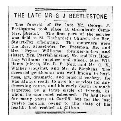 A report of the funeral of Mr George John Beetlestone.