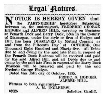 The Notice that the Partnership between Frederic&nbsp;George Hodges and Alfred Hill had been dissolved as of 15th day of October 1895.