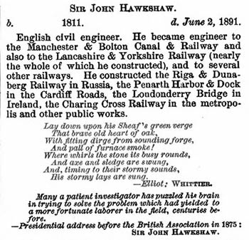 The obituary to Sir John Hawkshaw as published in New York in 1903 within 'A Calendar of Invention and Discovery' complied by John Cassan Wait.