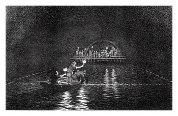 Tidal wave, men in boat sawing the timber.