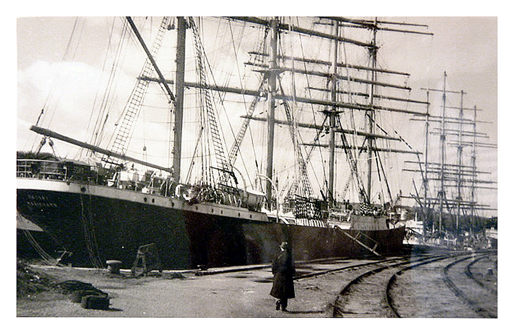 1950 - 'Passat', with 'Pamir' distant moored at Penarth Dock.