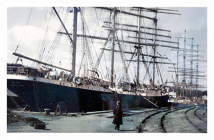 1950 - 'Passat', with 'Pamir' distant moored at Penarth Dock.