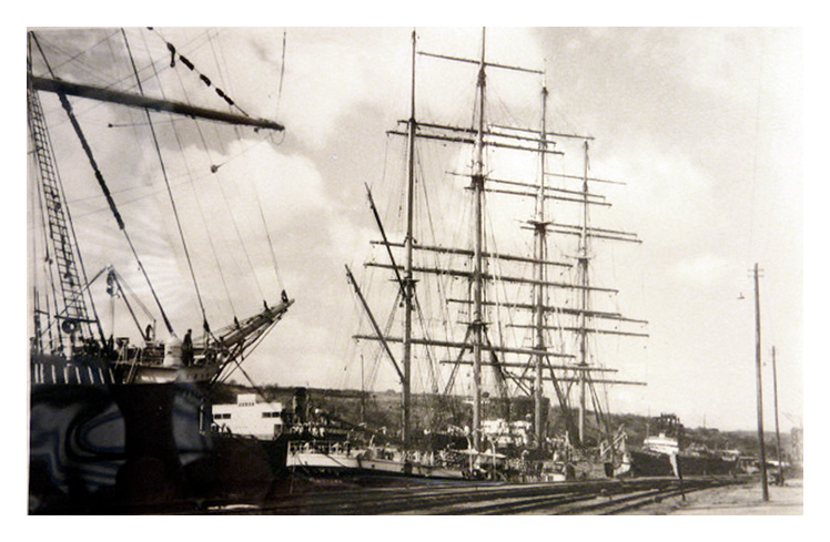 1950 - 'Pamir' - Another view of 'Pamir' with the bowsprit of 'Passat' visible whilst moored up at Penarth Dock.