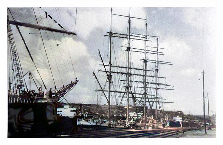 1950 - 'Pamir' - Another view of 'Pamir' with the bowsprit of 'Passat' visible whilst moored up at Penarth Dock.
