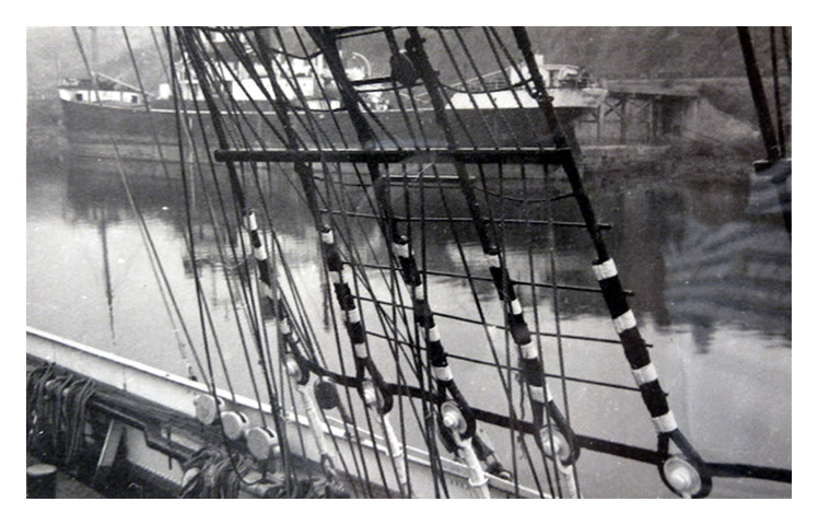 1949 - 1950 - 'Pamir' or 'Passat' - A view through the shrouds and ratlines across the Penarth Dock. 