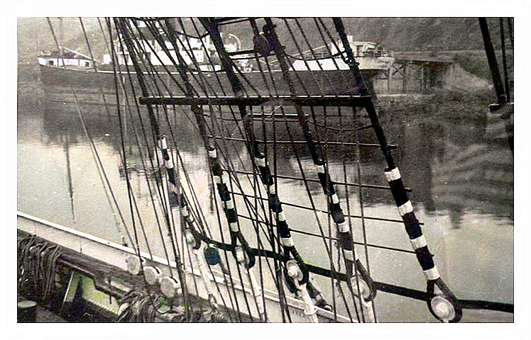 1949 - 1950 - 'Pamir' or 'Passat' - A view through the shrouds and ratlines across the Penarth Dock. 