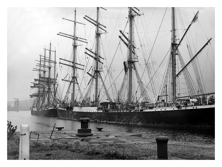 1949 - 'Passat', and ahead, 'Pamir', moored up at Penarth Dock.