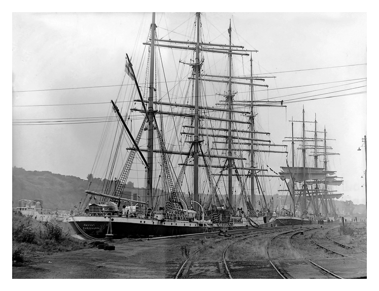 1949 - 'Passat', and ahead, 'Pamir', moored up at Penarth Dock.