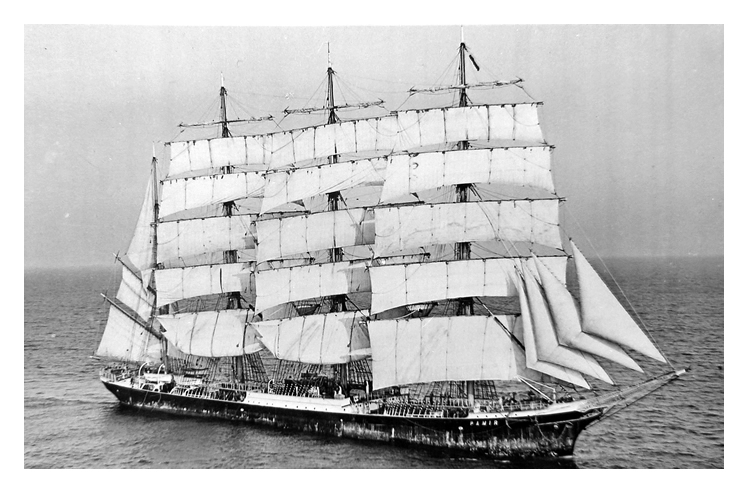 The four masted barque 'Pamir' at sea in (almost!) full sail back in her glory days.