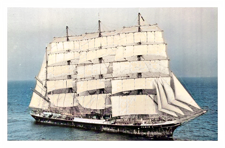 The four masted barque 'Pamir' at sea in (almost!) full sail back in her glory days.
