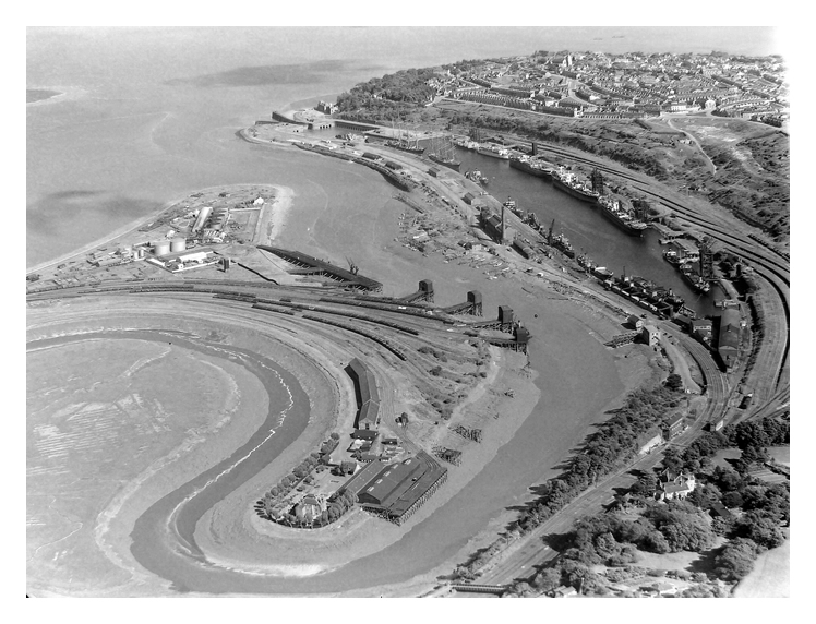 c.1950 - An ariel photograph attributed to H. Tempest Limited of the Ely Tidal Harbour and Penarth Dock showing 'Passat' and 'Pamir' laid up at the northern quay. 