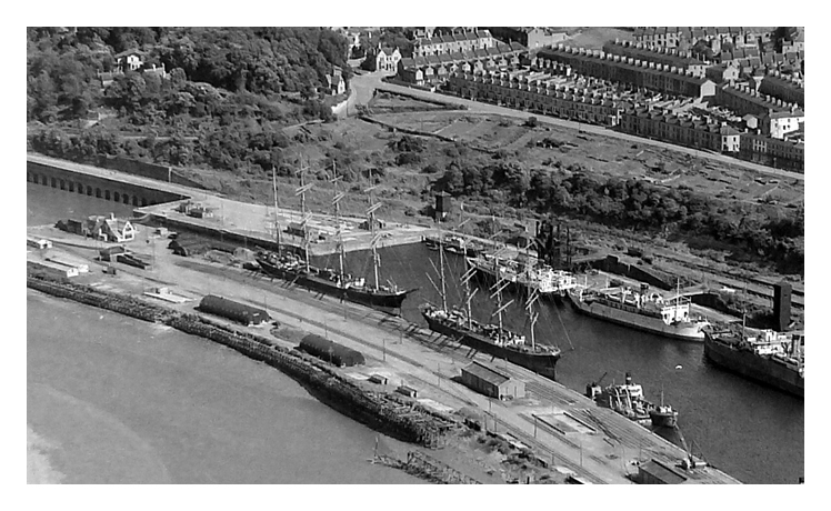c.1950 - Another ariel photograph attributed to H. Tempest Limited of the Ely Tidal Harbour and Penarth Dock showing 'Passat' and 'Pamir' laid up at the northern quay. 