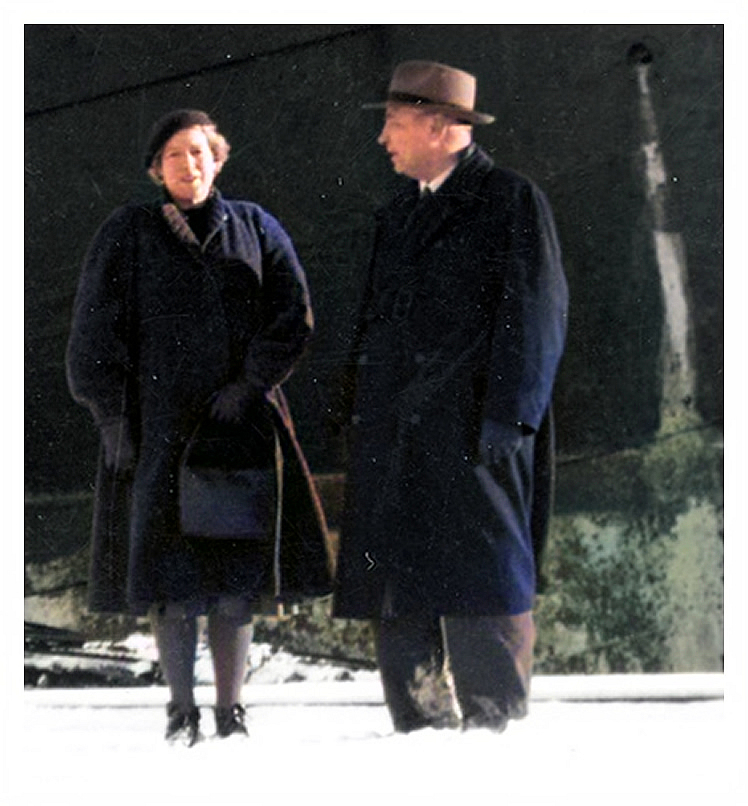 1950 - Betty Northmore and Captain Ivar Hagerstrand in the snow saying 'farewell' in the snow to the 'Passat'.