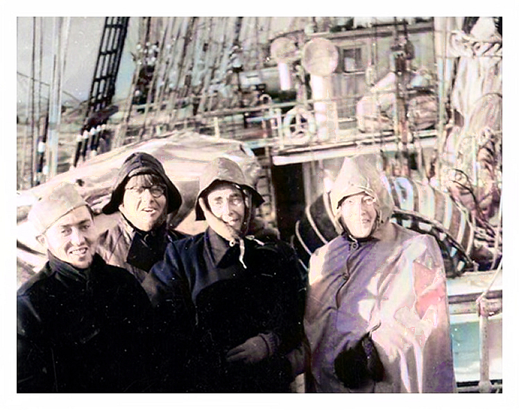 1948 - Passengers standing on the snow-covered deck of the 'Passat' on 'Cape Horn Day', 3 July 1948.