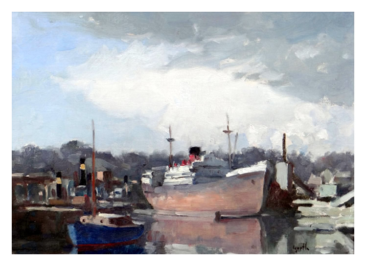 Gyrth Russell - 'Penarth Dock with large shipping vessel and boat' - 1950's. 