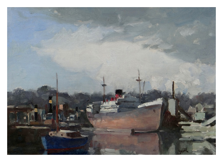 Gryth Russell - Penarth Dock - a vessel under repair upon the pontoon.