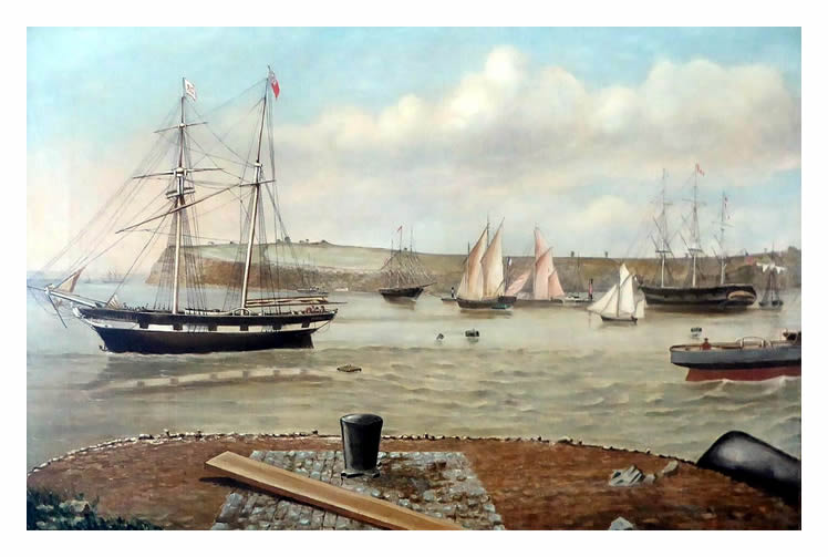 A mid-19th century view from Bute Docks toward Penarth Head. 