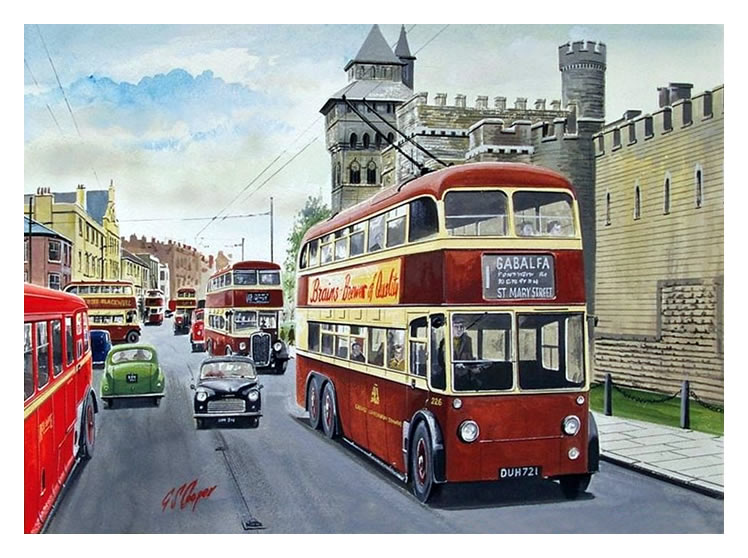 George Sidney Cooper (1935-1998) - A watercolour by a prolific artist of a Cardiff Corporation trolley bus No. 226 travelling to Gabalfa. 