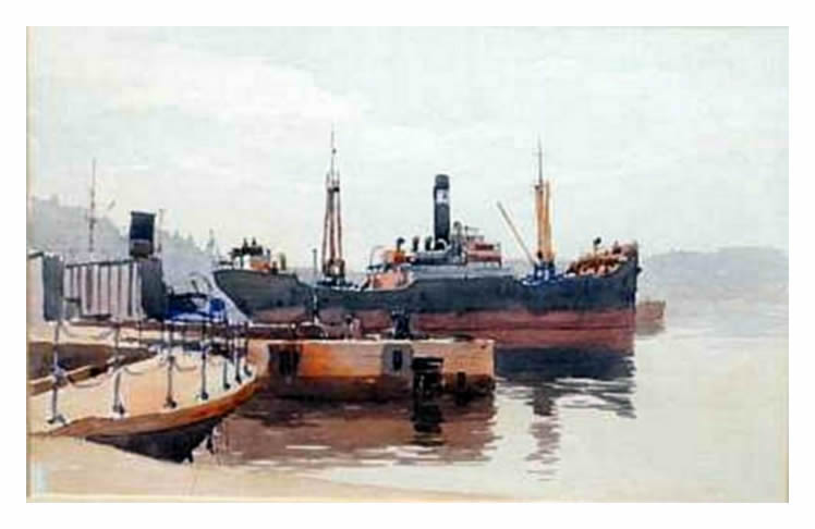 Gyrth Russell [1892-1970] -&nbsp;A Greek Steamer at Barry Docks.