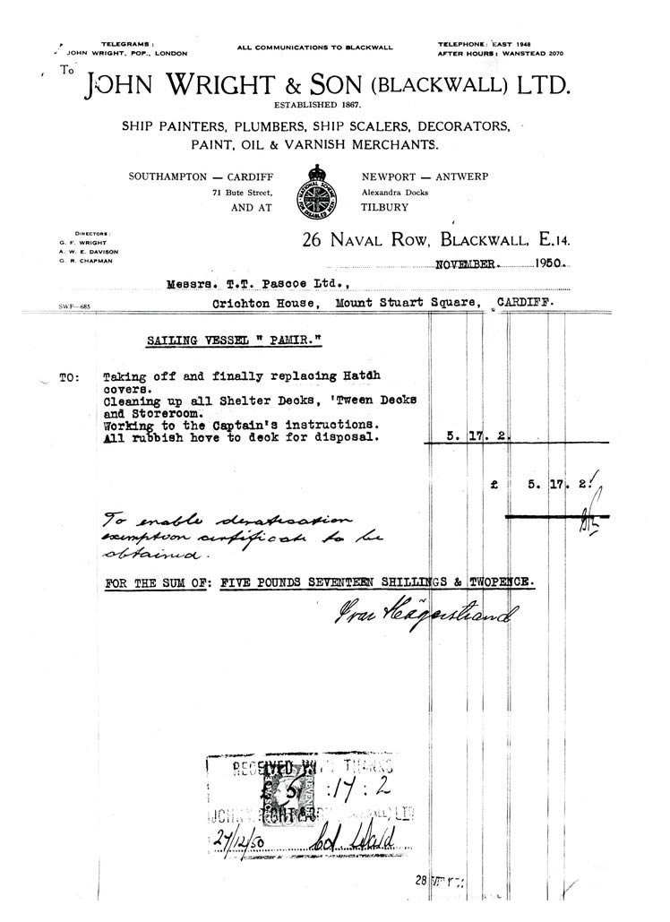 Invoice to T.T.Pascoe of Cardiff for work on 'Pamir'