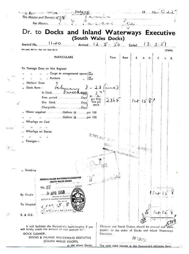 Account to T.T.Pascoe of Cardiff for dock charges for  'Pamir'