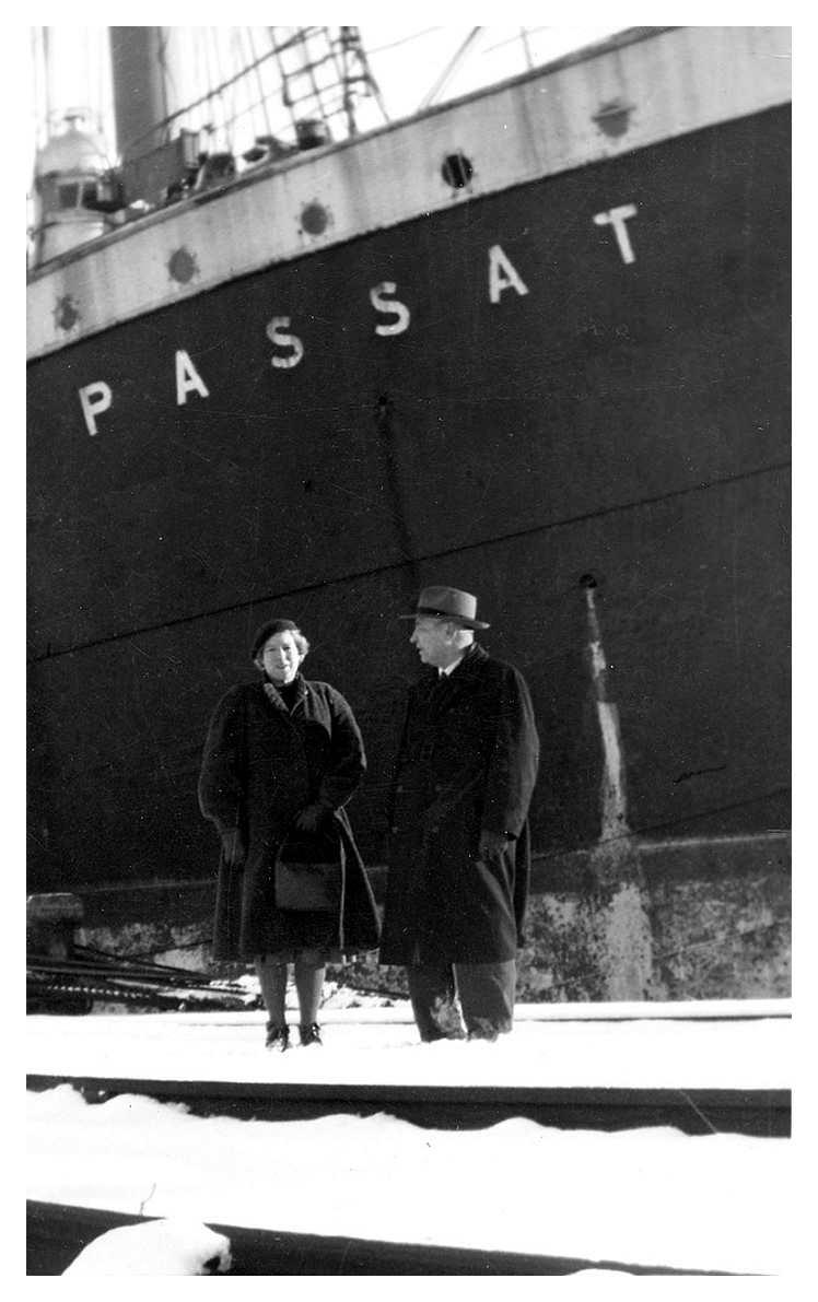Betty Northmore and Captain Ivar Hagerstrand in the snow saying 'farewell' to the 'Passat' at Penarth Dock