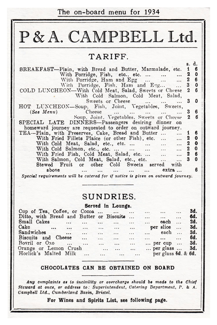 on-board menu for 1934 aboard the 'Cardiff Queen'