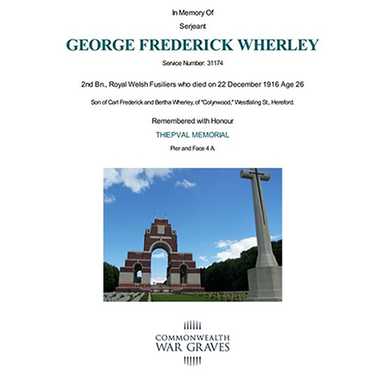 In Memory of Sergeant George Frederick Wherley - Remembered with Honour.
