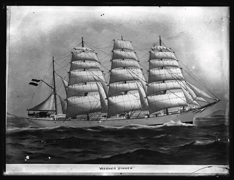 Photograph of a painting showing a starboard broadside view of the four-masted barque 'Werner Vinnen.'