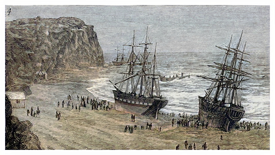 A scan of the page from the Graphic magazine article chronicling the storm and its effects of 1881 which includes this lithographic impressions of the vessels 'Restless', 'Parkside' and the 'Jeanne Marie' aground on Penarth beach viewed in the direction of the Penarth Head.