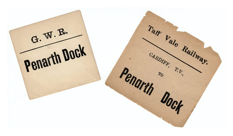 Luggage labels TVR and GWR to Penarth Dock