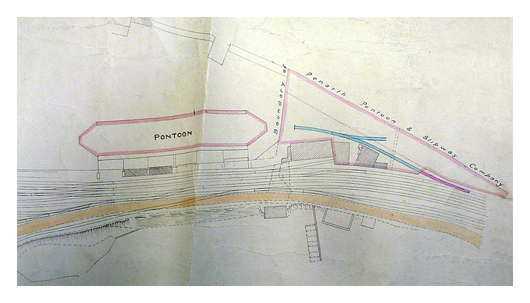A section of the drawing which shows the boundary of the 1910 engineering works and associated pontoon.