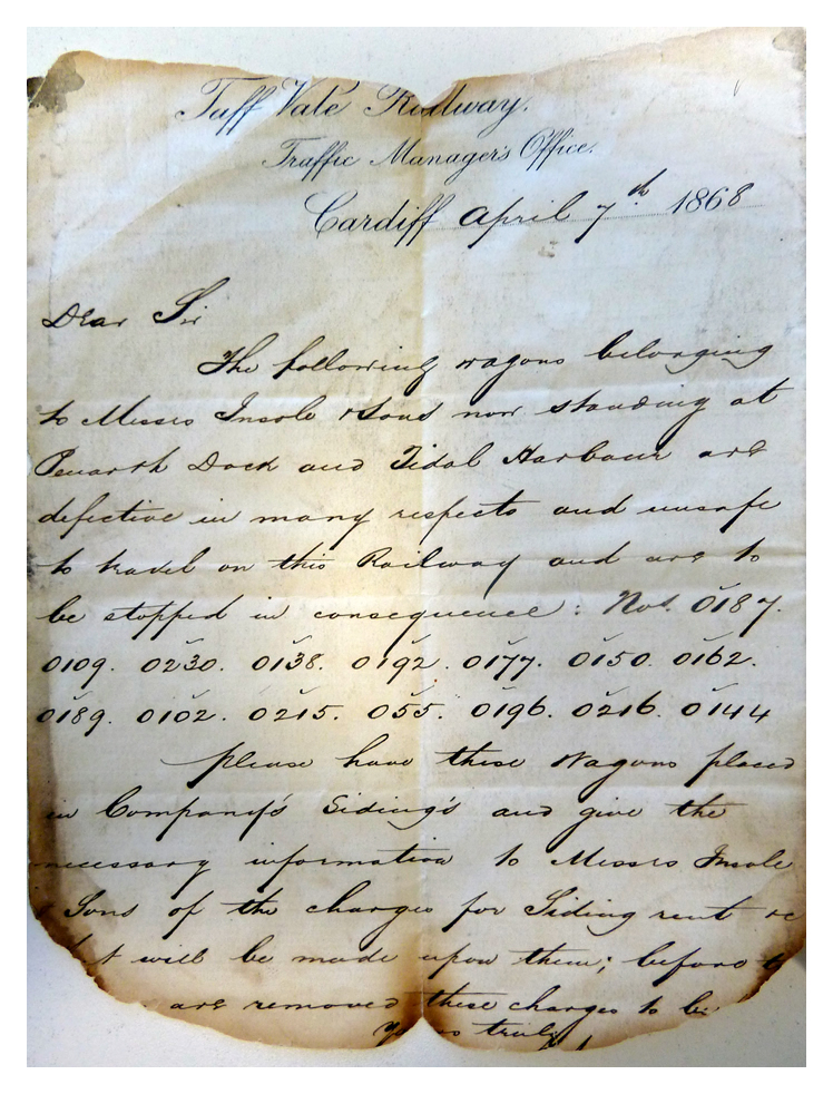 1868 : A letter from the TVR Traffic Manager's Office at Cardiff regarding defective coal trucks belonging to Messrs. Insole & Sons in use at Penarth Dock and Tidal Harbour. 