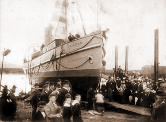 The 1898 launch of the "Eirene" at the slipway of the Penarth Dock Shipbuilding and Ship Repairing yard.