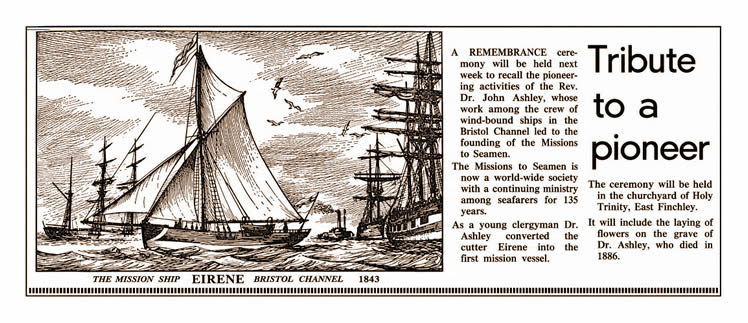 A newspaper article 'Tribute to a Pioneer' plus an engraving of 'The Mission Ship 'Eirene' - Bristol Channel - 1843'&nbsp;attributed to James Holland.